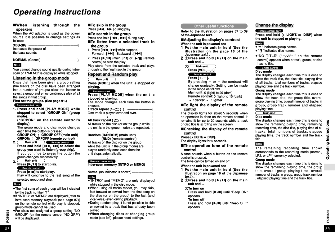 Panasonic SJ-MR250 manual Operating Instructions, Listening in the group mode, Repeat and Random play, Change the display 