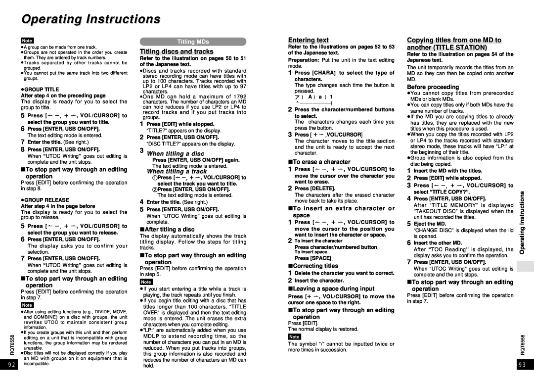 Panasonic SJ-MR250 manual Operating Instructions, Titling discs and tracks, Entering text 