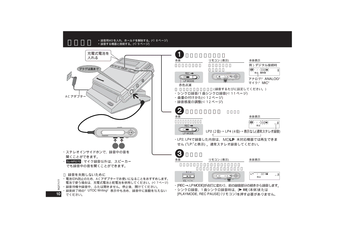 Panasonic SJ-MR270, SJ-MR240 operating instructions シンクロ録音/1曲シンクロ録音 11ページ 曲番の付けかた 12ページ 録音感度の調整 12ページ 