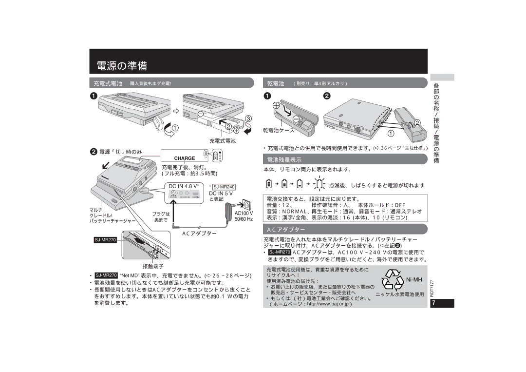 Panasonic SJ-MR240, SJ-MR270 operating instructions 電源の準備, 乾電池, 電池残量表示, Acアダプター 