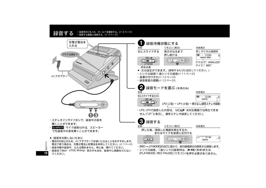 Panasonic SJ-MR270, SJ-MR240 1録音待機状態にする, 2 録音モードを選ぶ 本体のみ, 3録音する, 右にスライドする 表示が出るまで 押し続ける, 押した後、接続した機器を再生するか、 またはマイクを音源に近付ける 