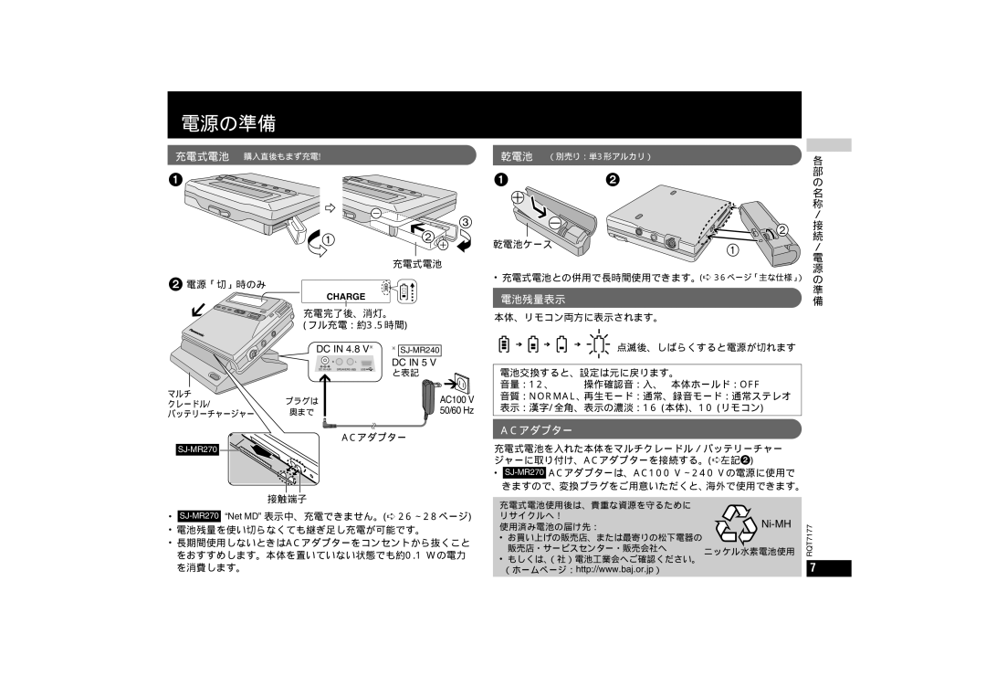 Panasonic SJ-MR240, SJ-MR270 operating instructions 電源の準備, 電池残量表示, Acアダプター 