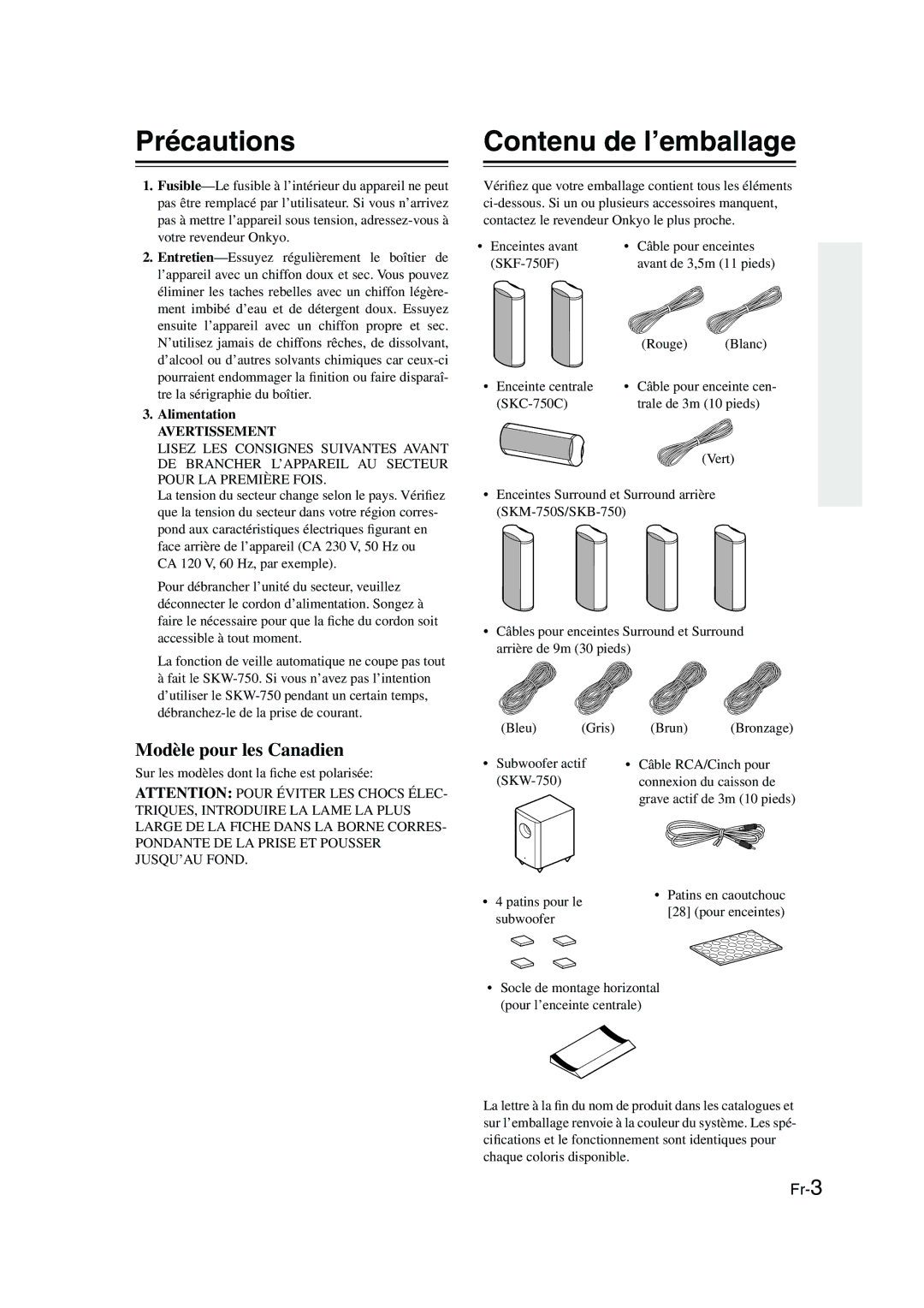 Panasonic SKS-HT750 instruction manual Précautions, Contenu de l’emballage 