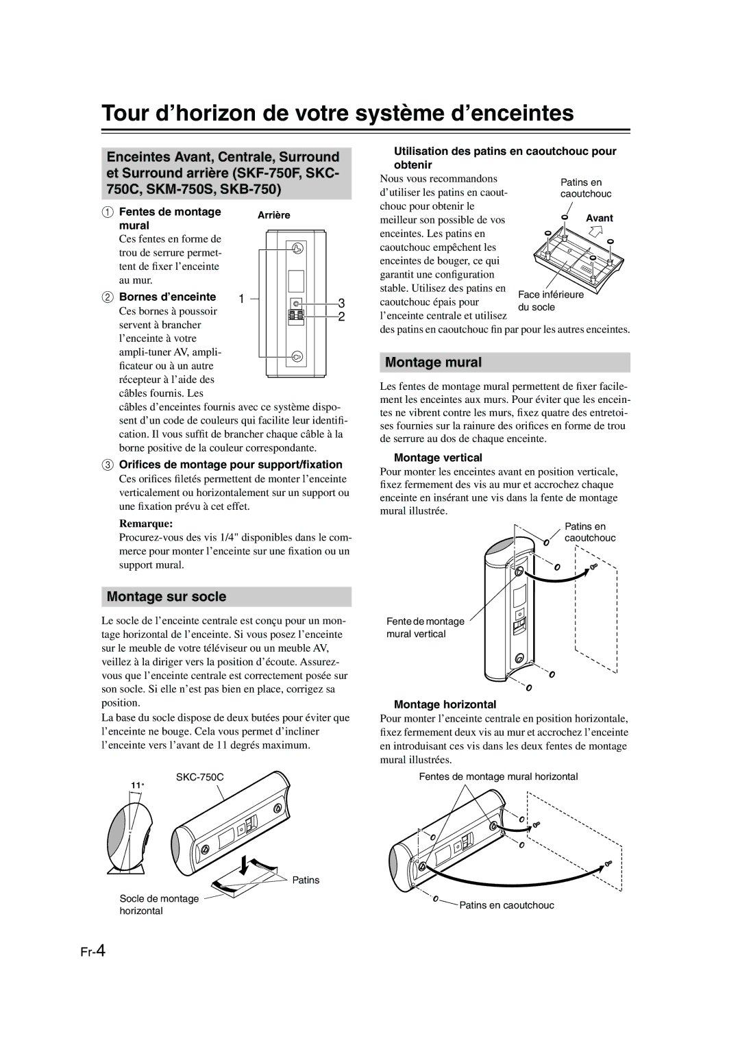 Panasonic SKS-HT750 instruction manual Tour d’horizon de votre système d’enceintes, Montage sur socle, Montage mural 