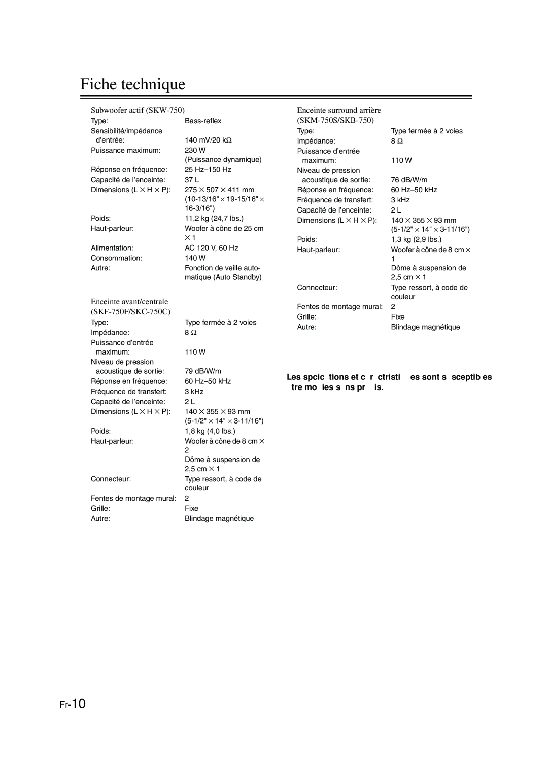 Panasonic SKS-HT750 instruction manual Fiche technique, Subwoofer actif SKW-750, Enceinte avant/centrale SKF-750F/SKC-750C 