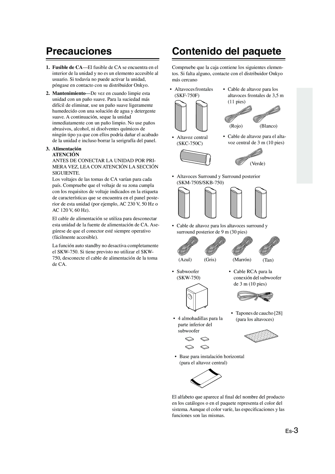 Panasonic SKS-HT750 instruction manual Precauciones Contenido del paquete, Atención 