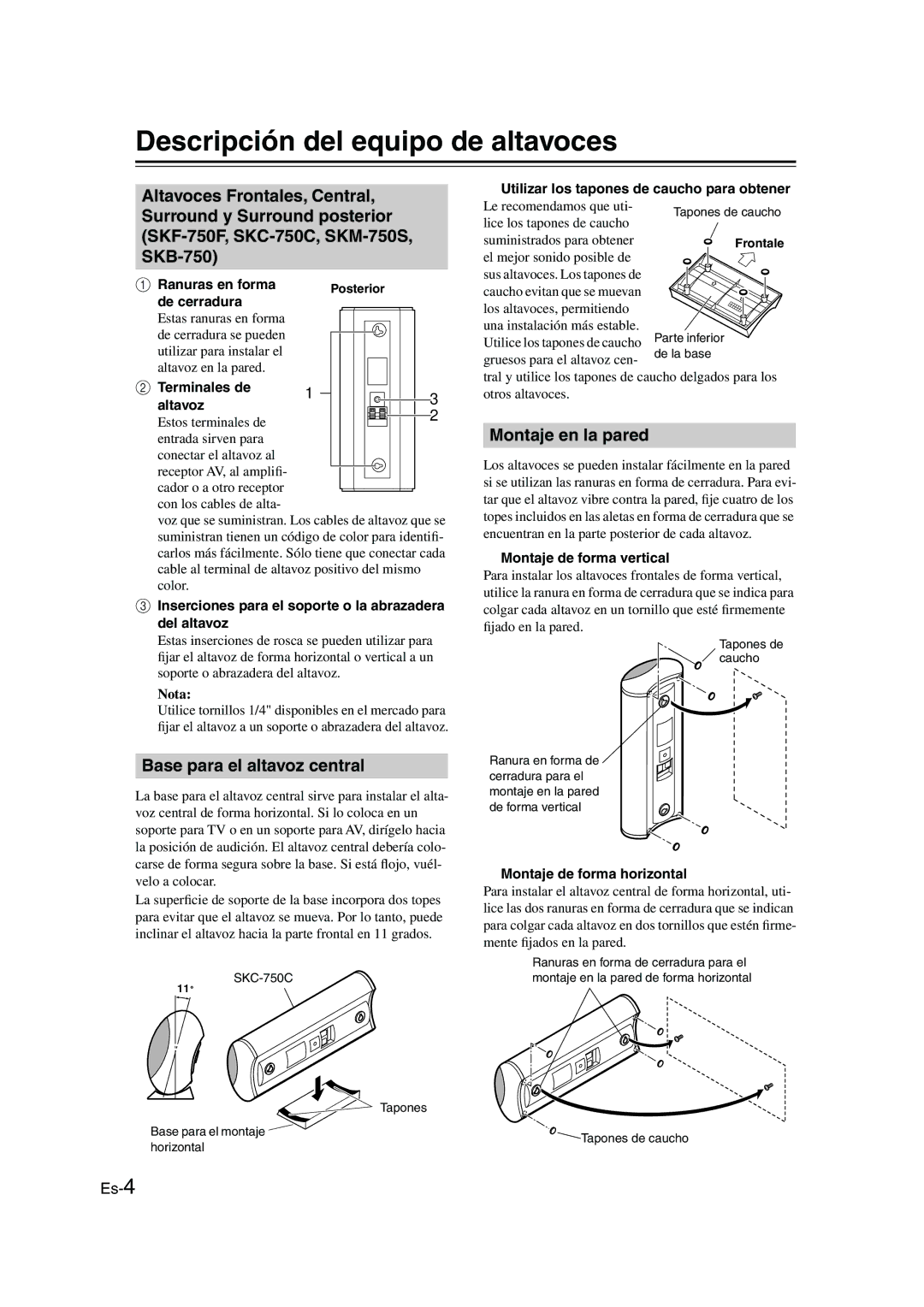 Panasonic SKS-HT750 Descripción del equipo de altavoces, Base para el altavoz central, Montaje en la pared 