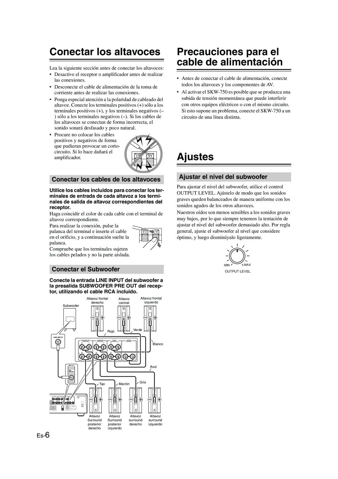 Panasonic SKS-HT750 instruction manual Conectar los altavoces, Precauciones para el cable de alimentación, Ajustes 