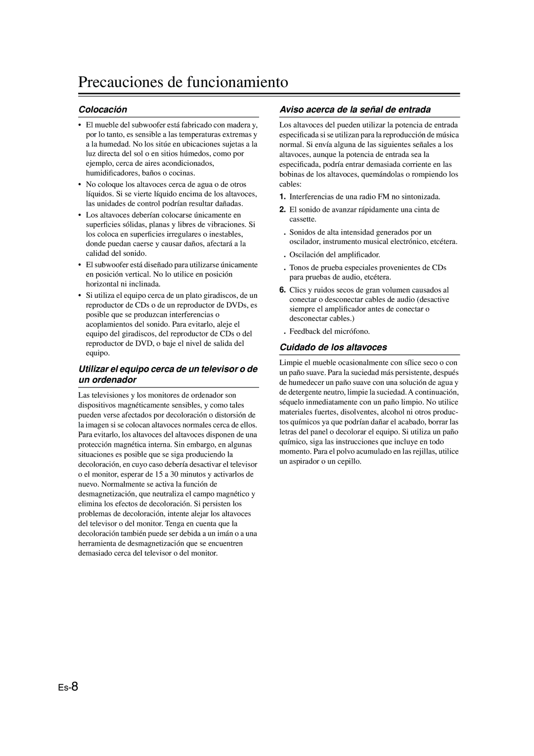 Panasonic SKS-HT750 instruction manual Precauciones de funcionamiento, Colocación 