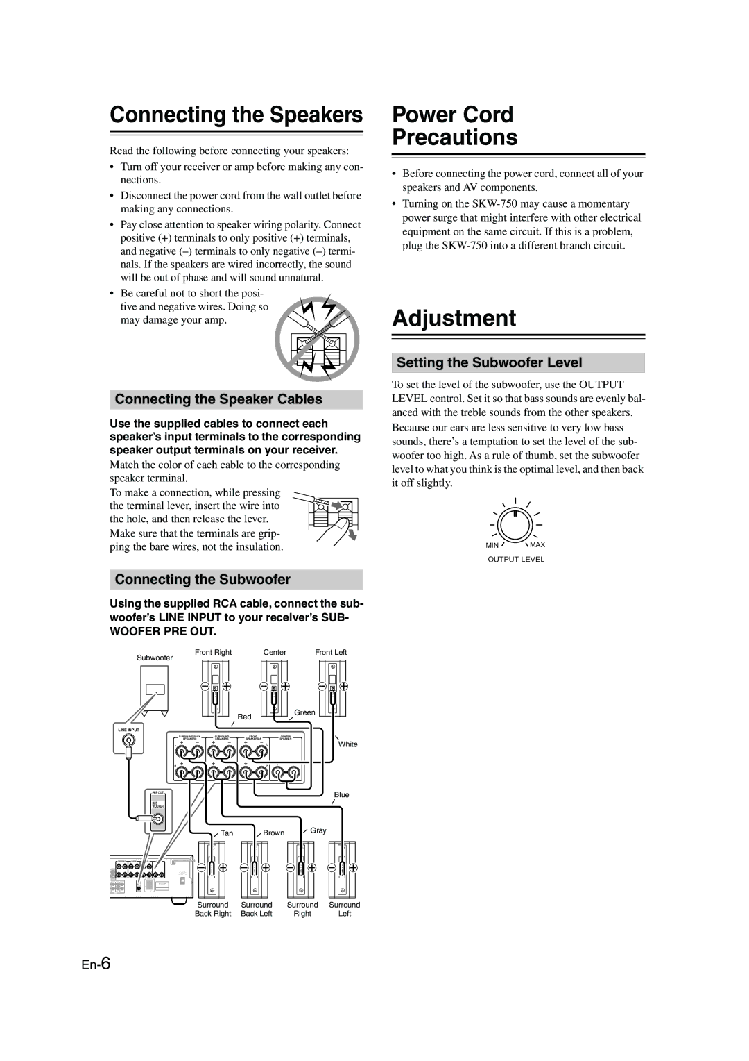 Panasonic SKS-HT750 instruction manual Connecting the Speakers, Power Cord Precautions, Adjustment 