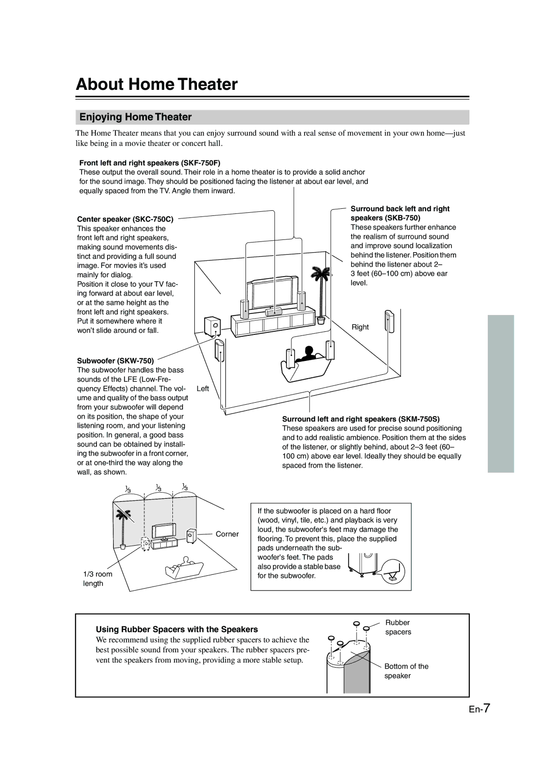 Panasonic SKS-HT750 instruction manual About Home Theater, Enjoying Home Theater, Using Rubber Spacers with the Speakers 