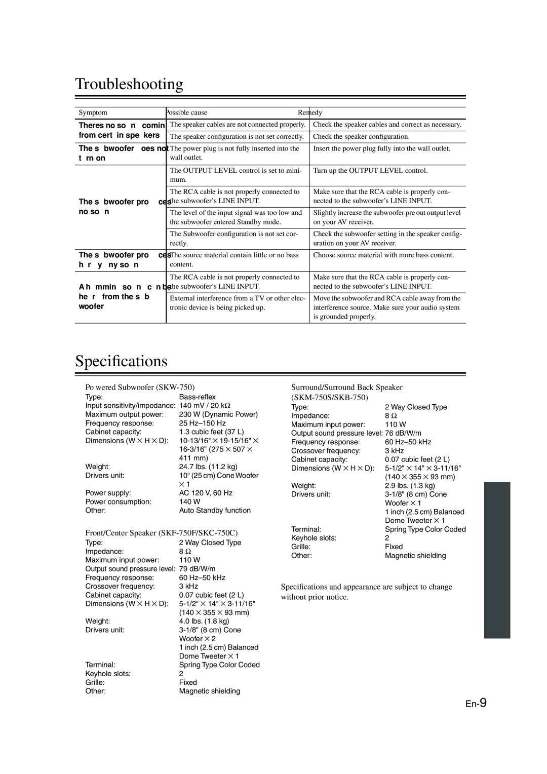 Panasonic SKS-HT750 Troubleshooting, Speciﬁcations, Powered Subwoofer SKW-750, Front/Center Speaker SKF-750F/SKC-750C 