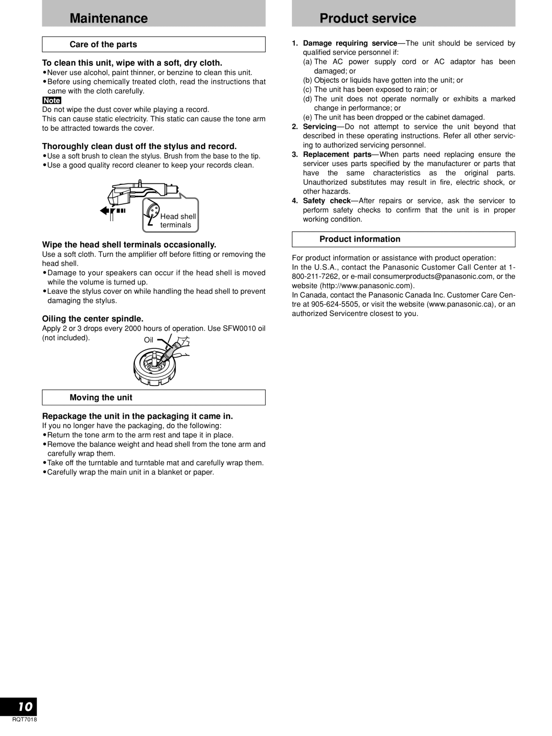 Panasonic SL-1200MK5, SL-1210MK5 manual Maintenance Product service 