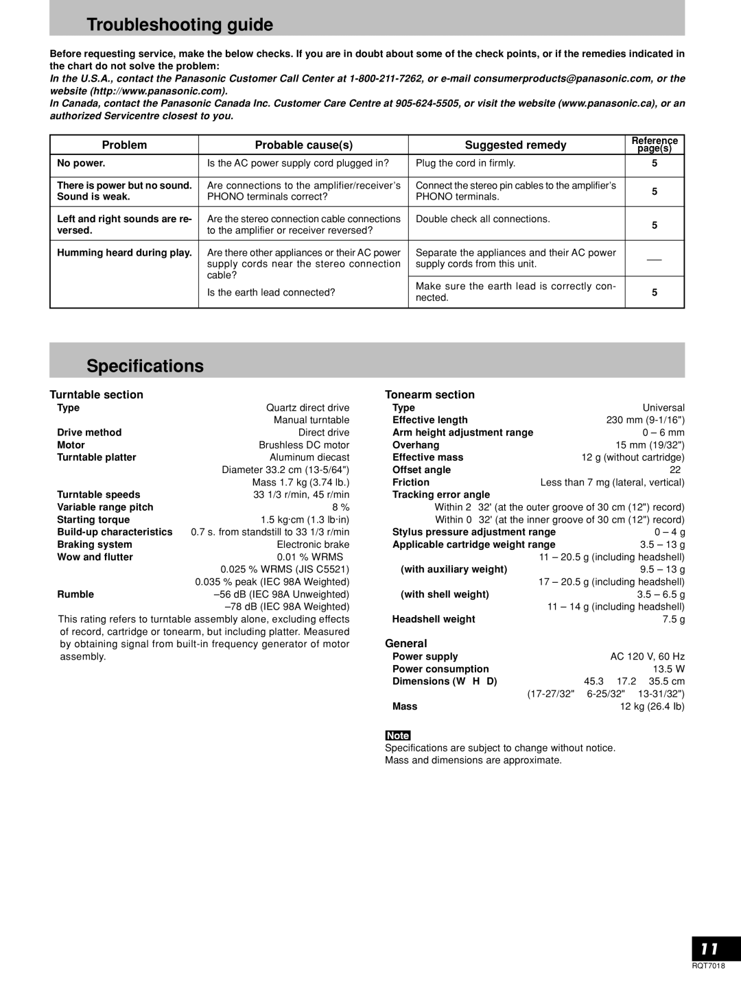 Panasonic SL-1210MK5, SL-1200MK5 Troubleshooting guide, Specifications, Problem Probable causes Suggested remedy, General 