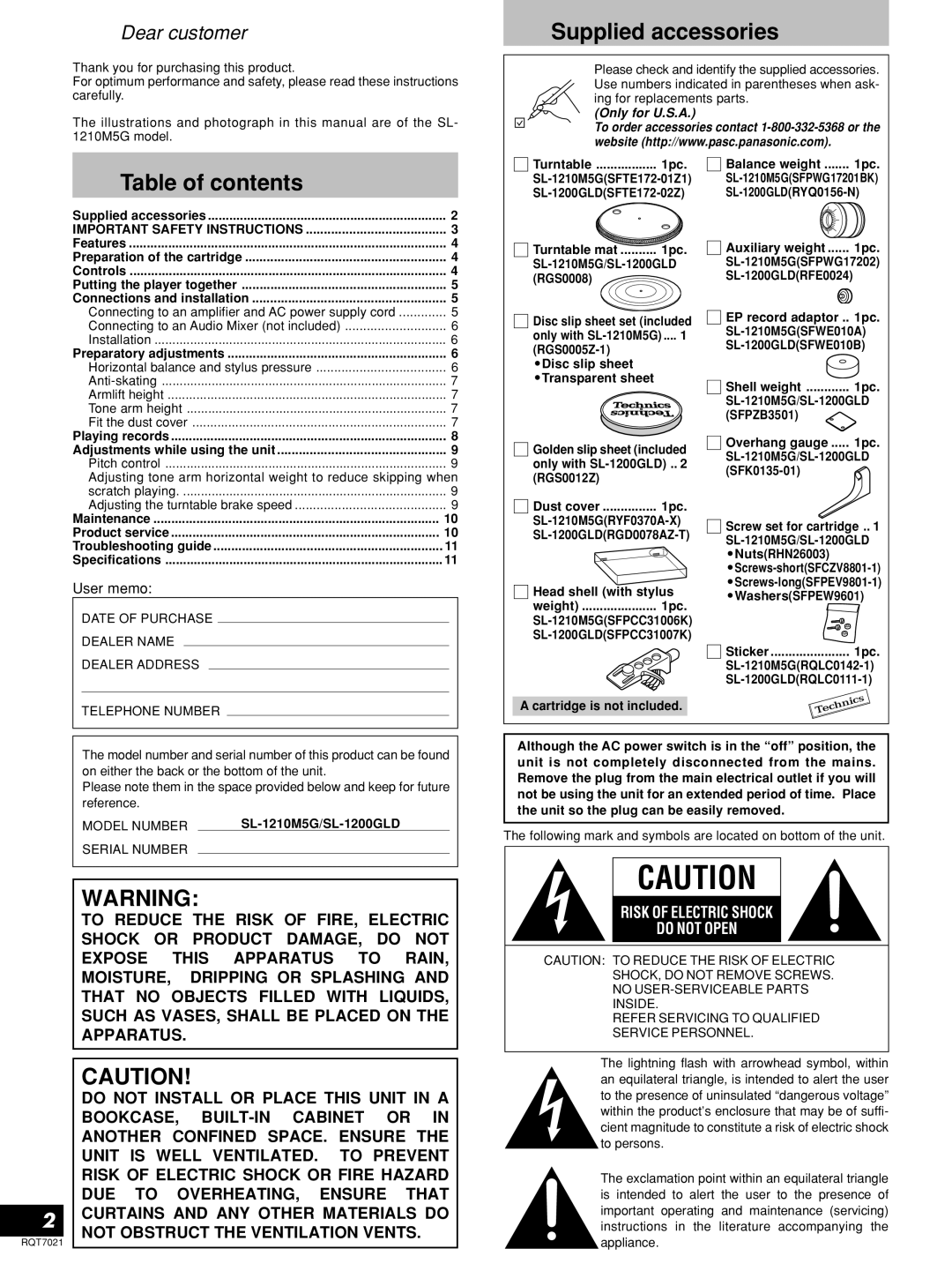 Panasonic SL-1210M5G, SL-1200GLD manual Supplied accessories, Table of contents 