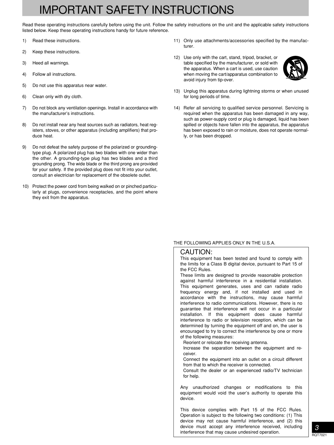 Panasonic SL-1200GLD, SL-1210M5G manual Important Safety Instructions 