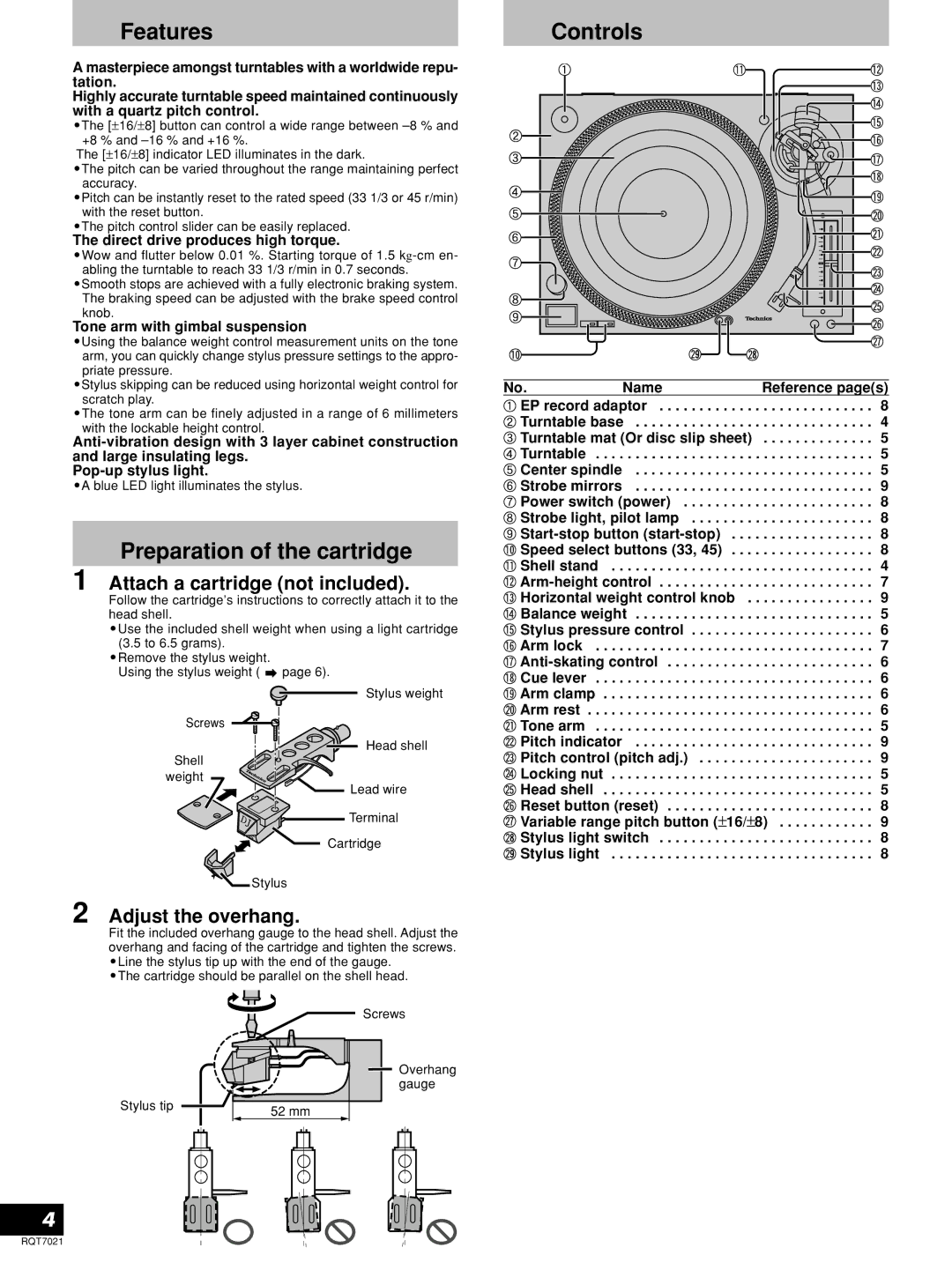 Panasonic SL-1210M5G, SL-1200GLD manual Features, Preparation of the cartridge, Controls, Attach a cartridge not included 