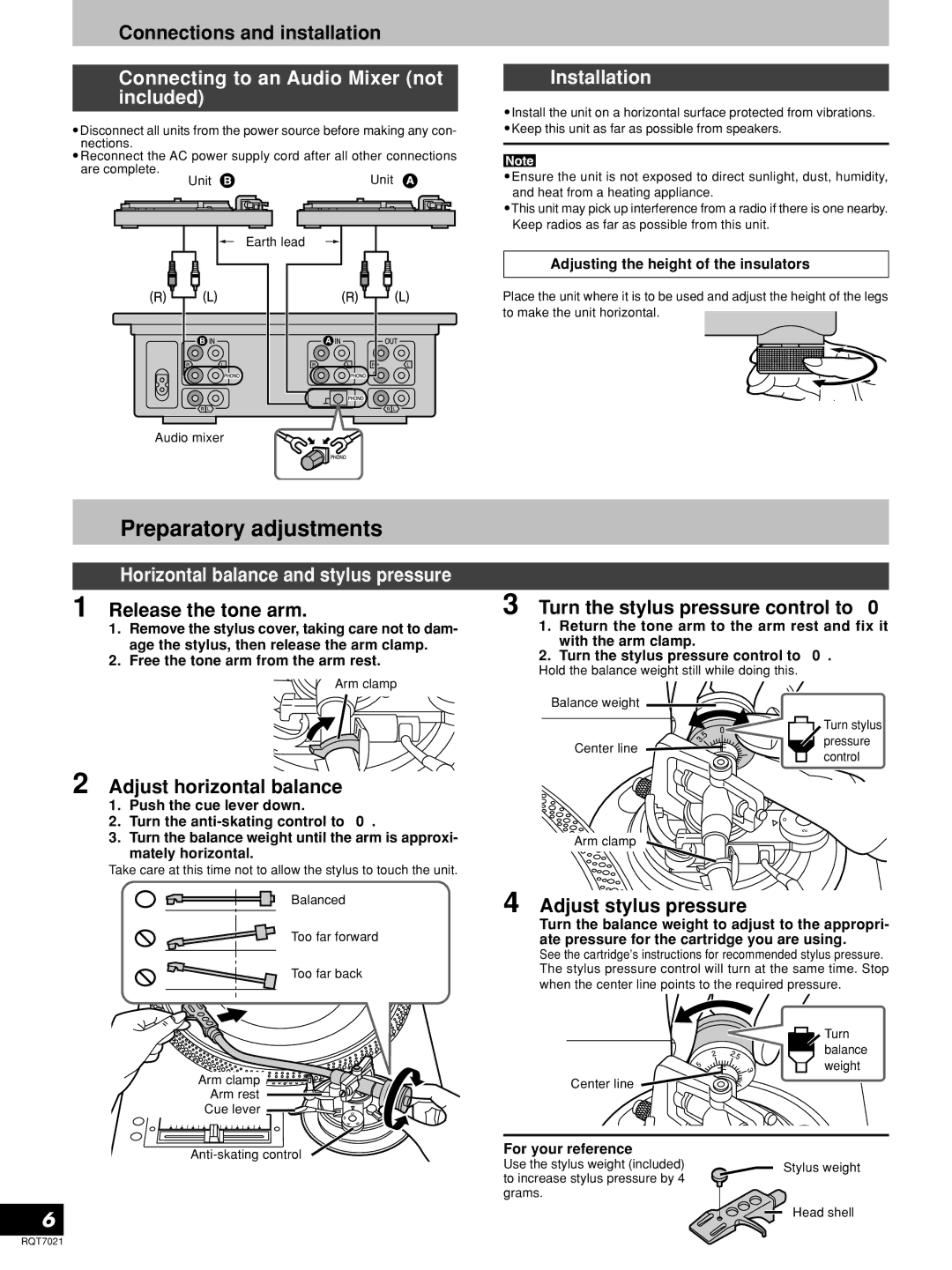 Panasonic SL-1210M5G, SL-1200GLD manual Preparatory adjustments, Connecting to an Audio Mixer not included, Installation 