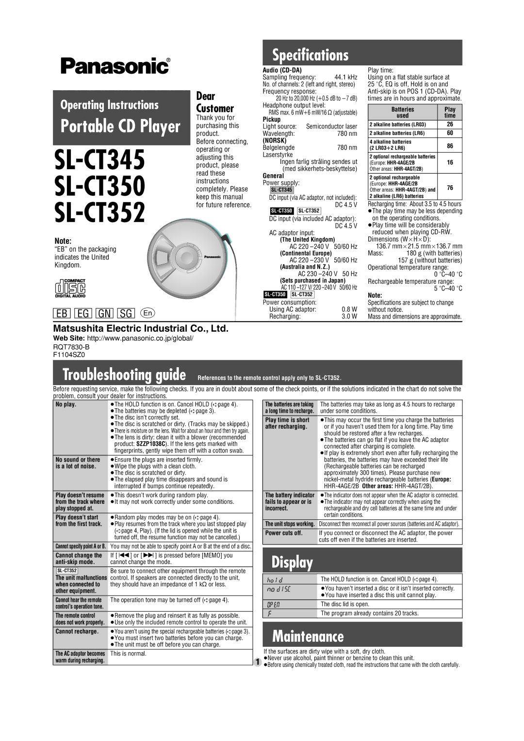 Panasonic SL-CT350 operating instructions Audio CD-DA, United Kingdom, Continental Europe, Australia and N.Z, No play 