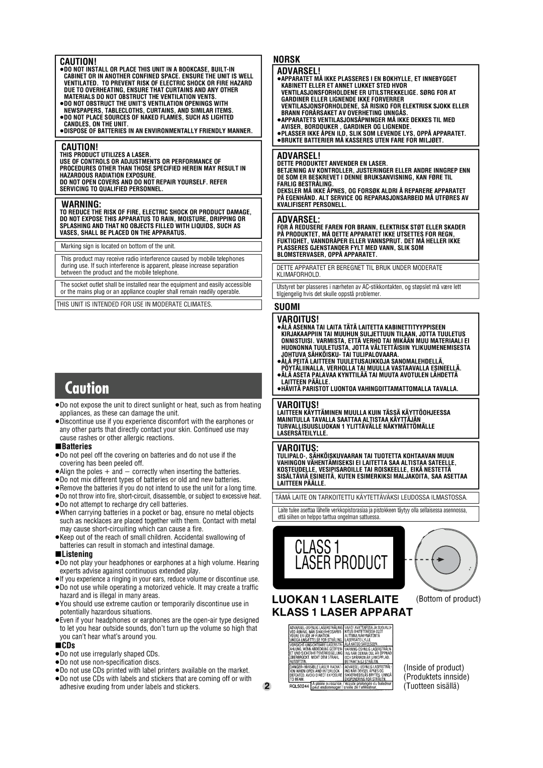 Panasonic SL-CT352, SL-CT345, SL-CT350 Batteries, Listening, CDs, Marking sign is located on bottom of the unit 