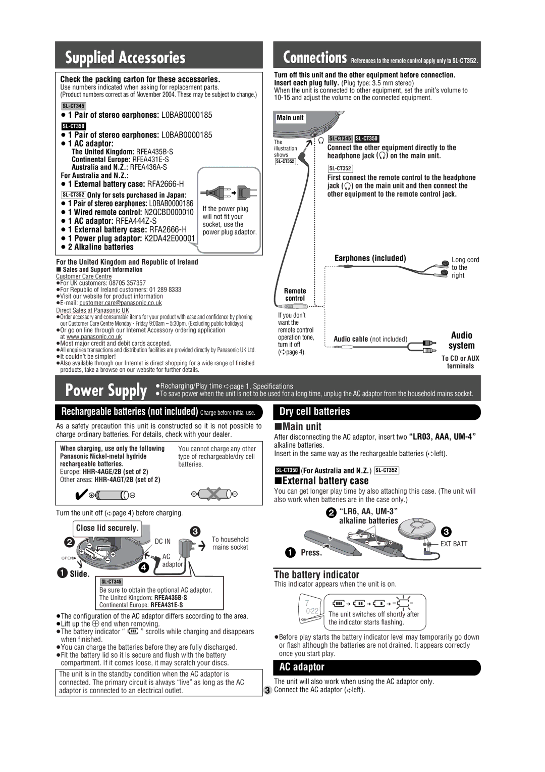 Panasonic SL-CT345, SL-CT350, SL-CT352 operating instructions Dry cell batteries, AC adaptor, Audio System 