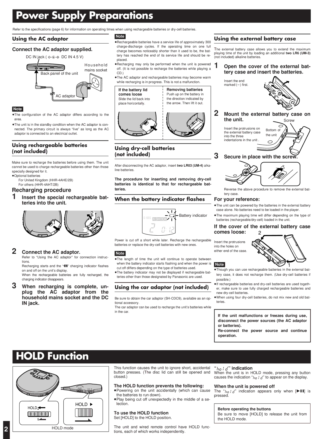 Panasonic SL-CT470 Power Supply Preparations, Hold Function, Mount the external battery case on Unit, For your reference 