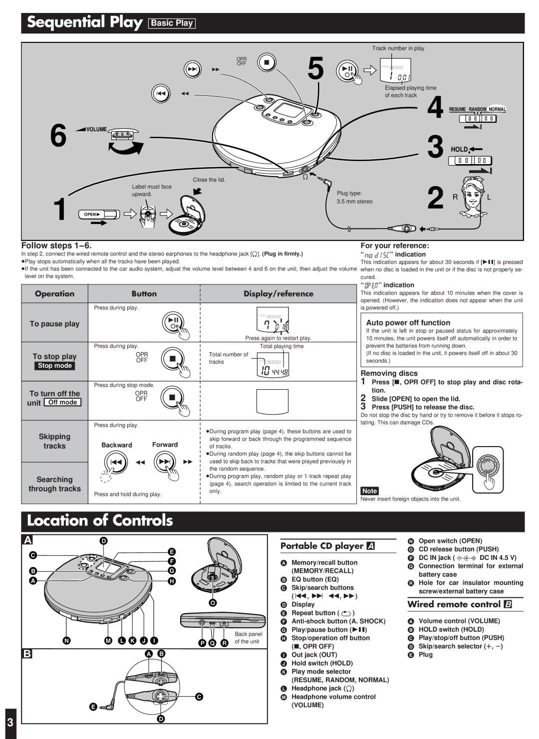 Panasonic SL-CT470 Sequential Play, Location of Controls, Follow steps, Portable CD player a, Wired remote control B 