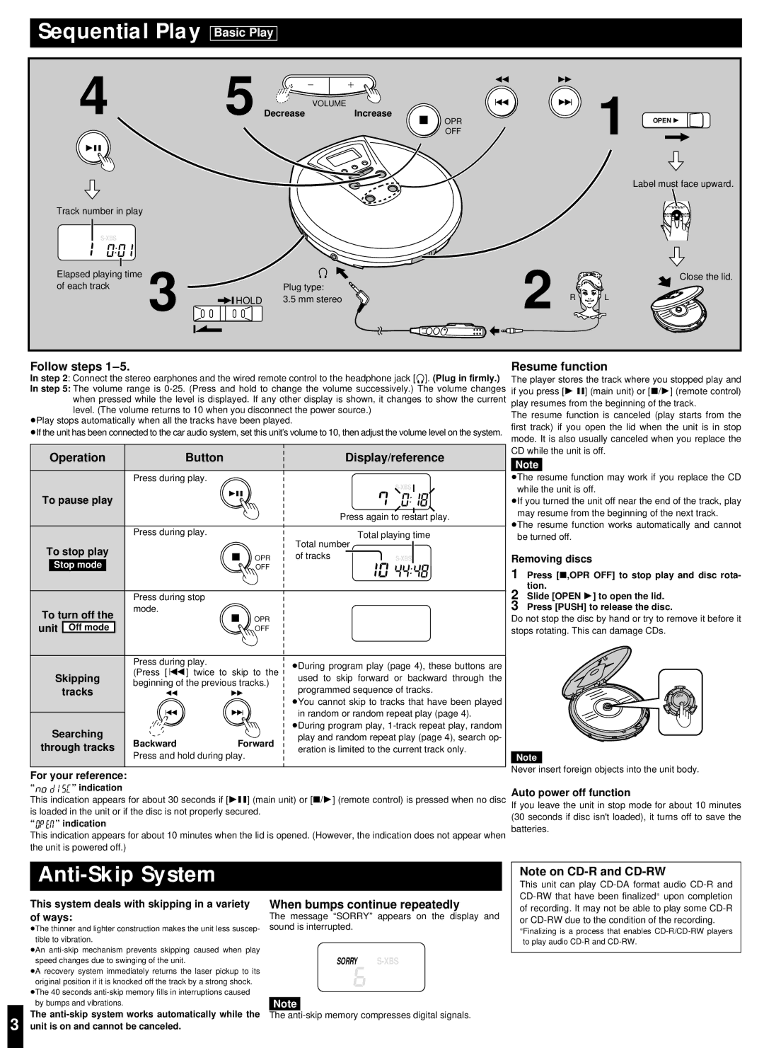 Panasonic SL-CT480 Sequential Play, Anti-Skip System, Follow steps, Operation Button Display/reference 