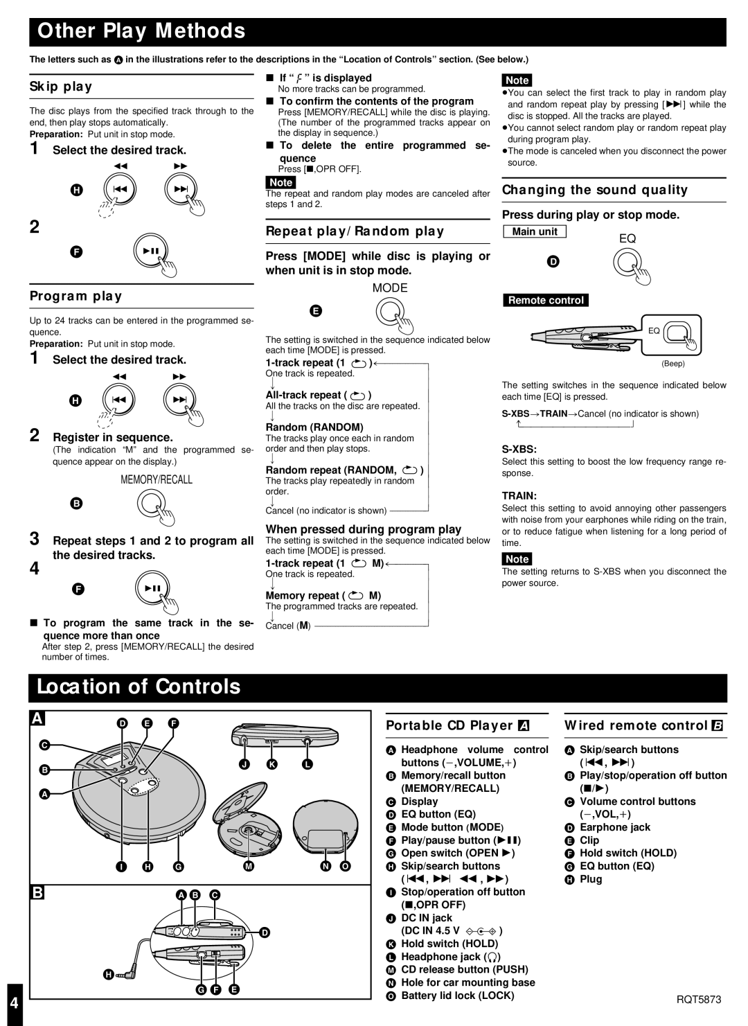 Panasonic SL-CT480 operating instructions Other Play Methods, Location of Controls 