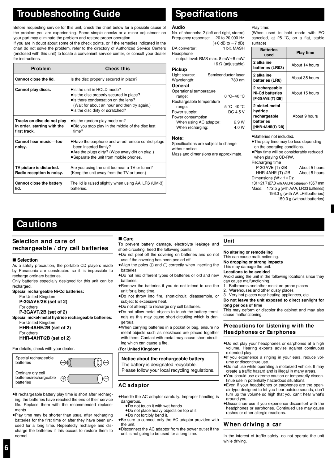 Panasonic SL-CT480 Troubleshooting Guide Specifications, Selection and care of rechargeable /dry cell batteries 