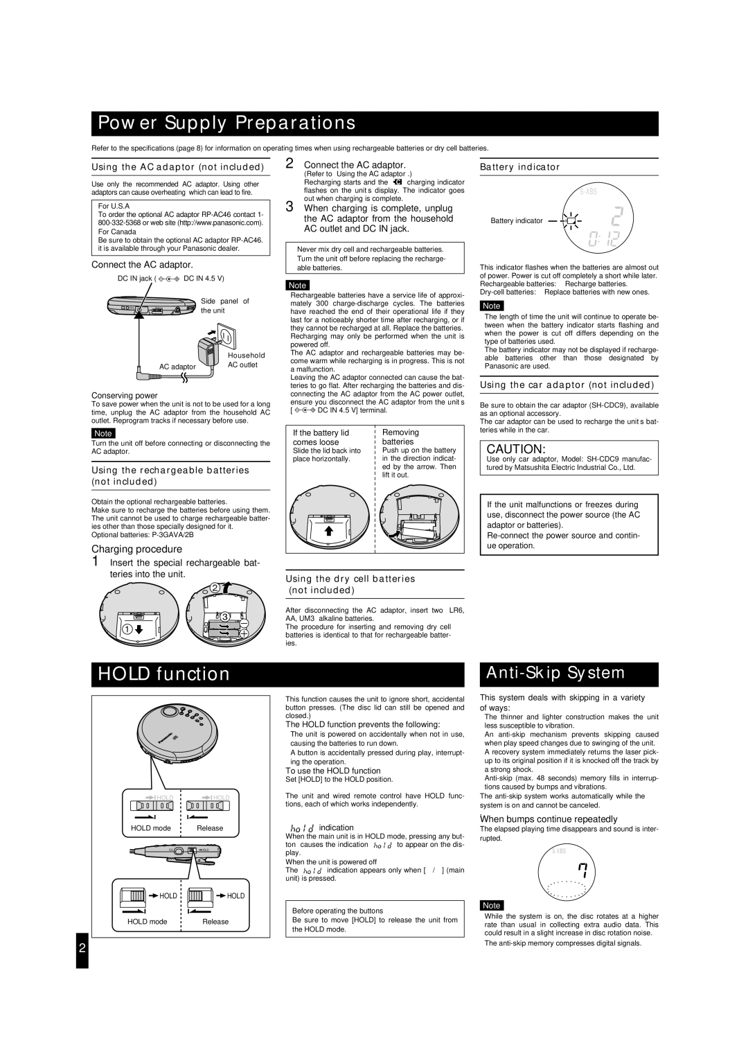 Panasonic SL-CT490, SL-CT495J operating instructions Power Supply Preparations, Anti-Skip System 