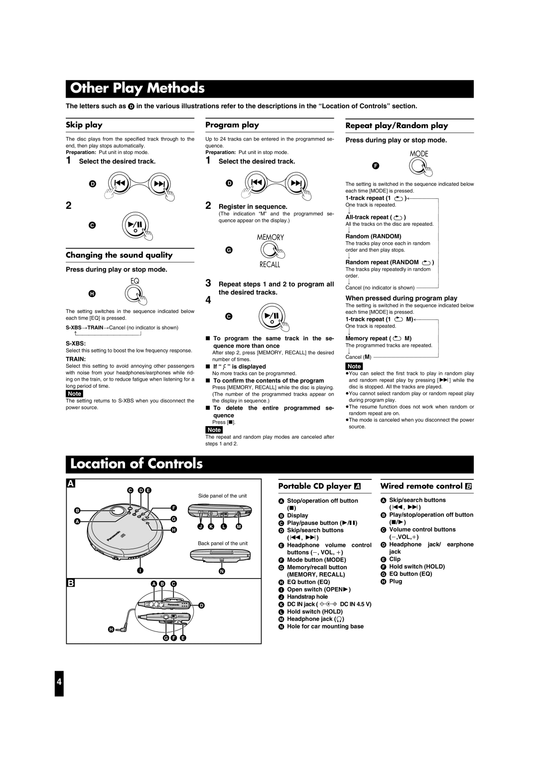 Panasonic SL-CT490, SL-CT495J operating instructions Other Play Methods, Location of Controls 