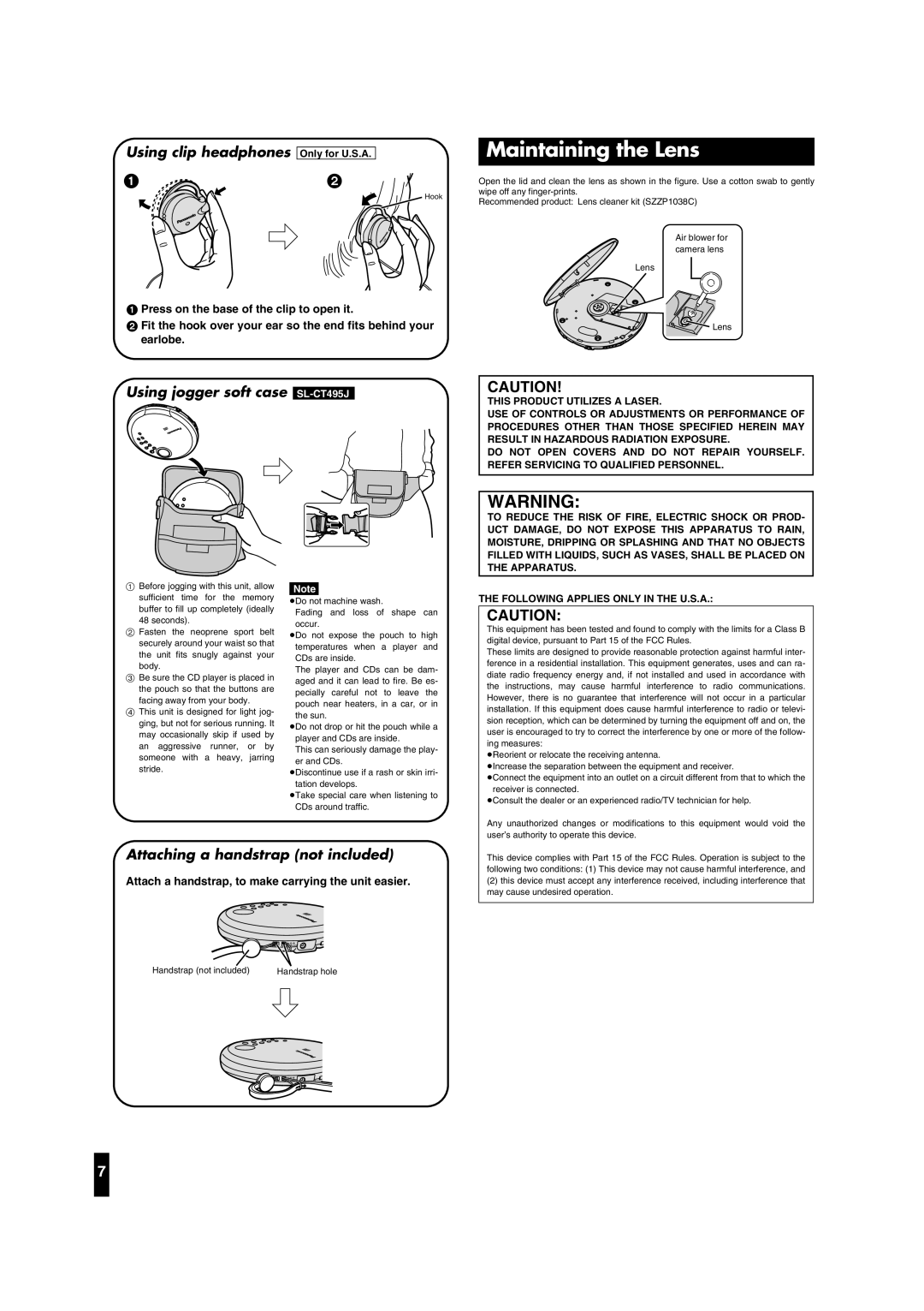 Panasonic SL-CT495J, SL-CT490 Maintaining the Lens, Attach a handstrap, to make carrying the unit easier 