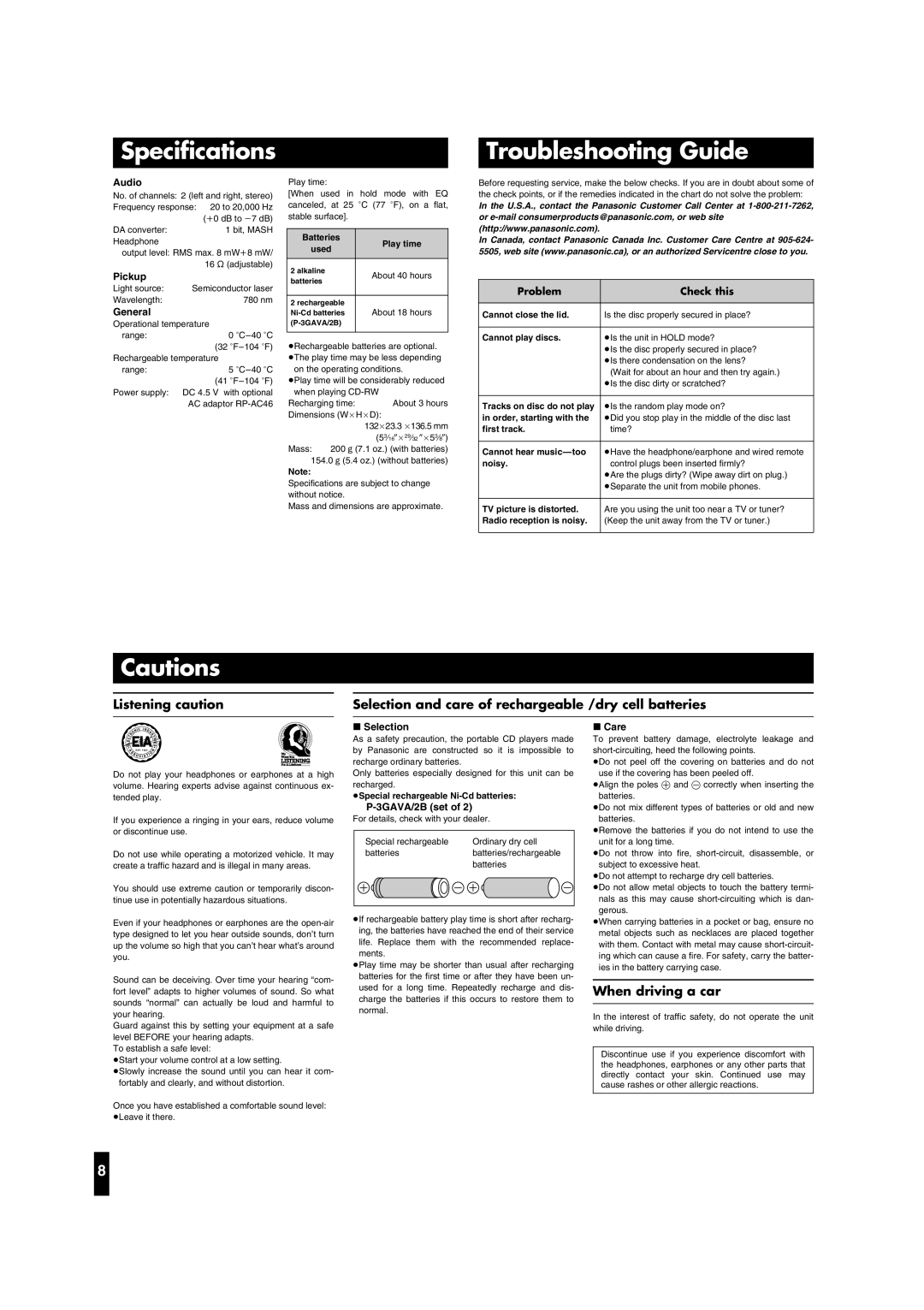 Panasonic SL-CT490, SL-CT495J operating instructions Specifications, Troubleshooting Guide, When driving a car 