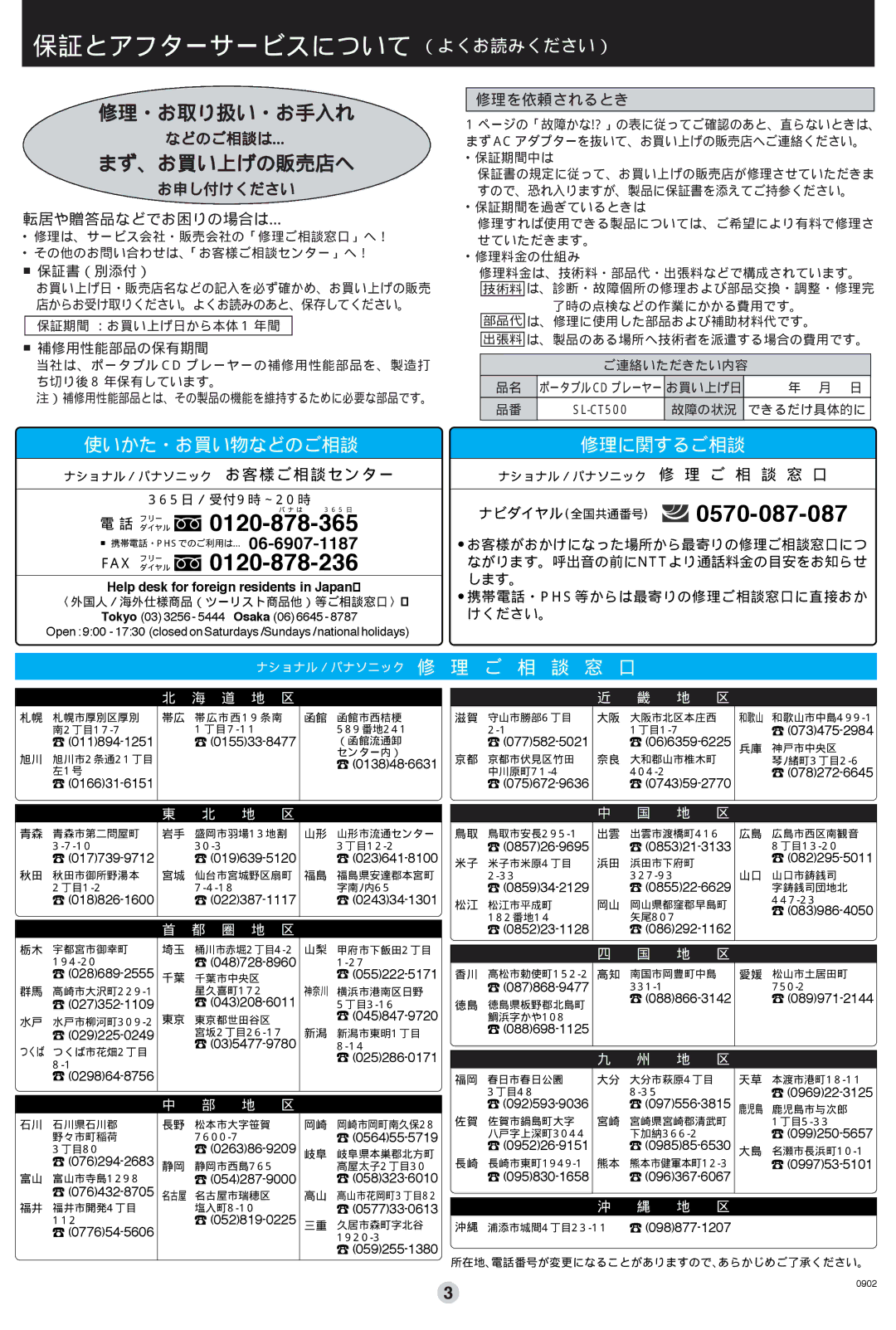 Panasonic SL-CT500 operating instructions 保証とアフターサービスについて （よくお読みください）, などのご相談は…, お申し付けください 転居や贈答品などでお困りの場合は…, 修理を依頼されるとき 