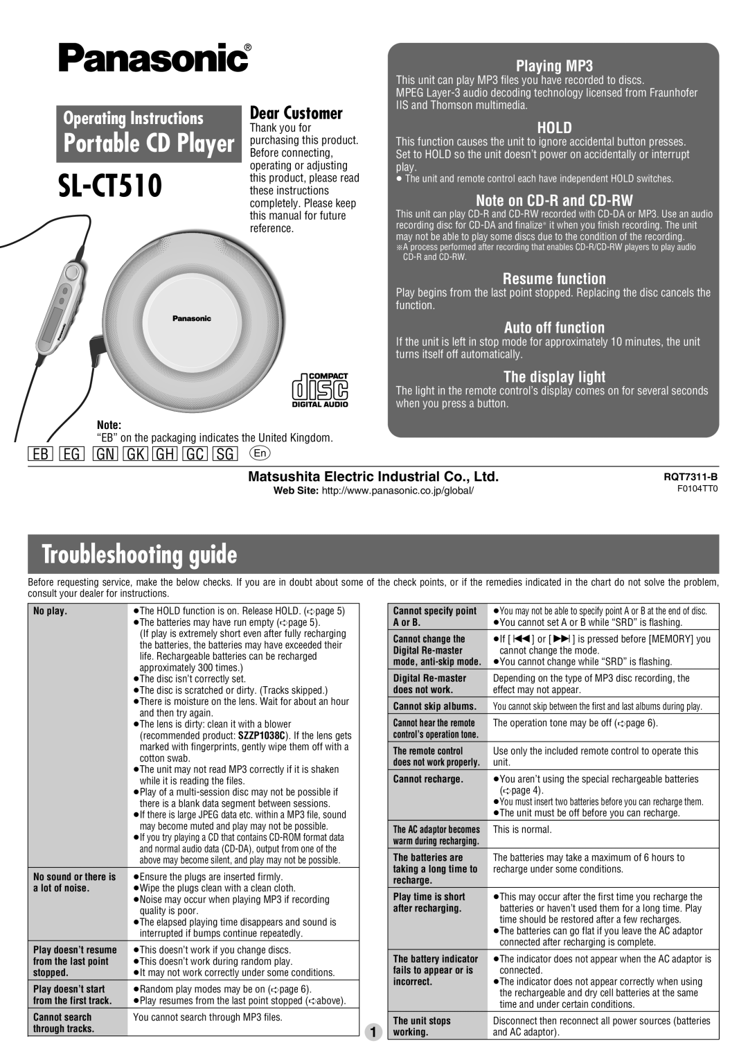 Panasonic SL-CT510 operating instructions Troubleshooting guide 