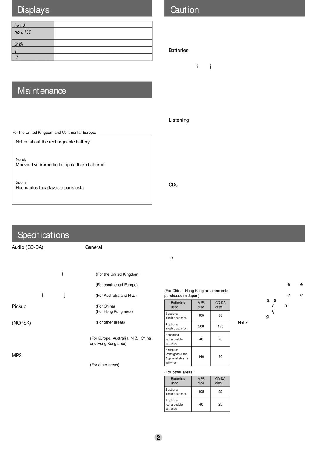 Panasonic SL-CT510 operating instructions Displays, Maintenance, Norsk, MP3 