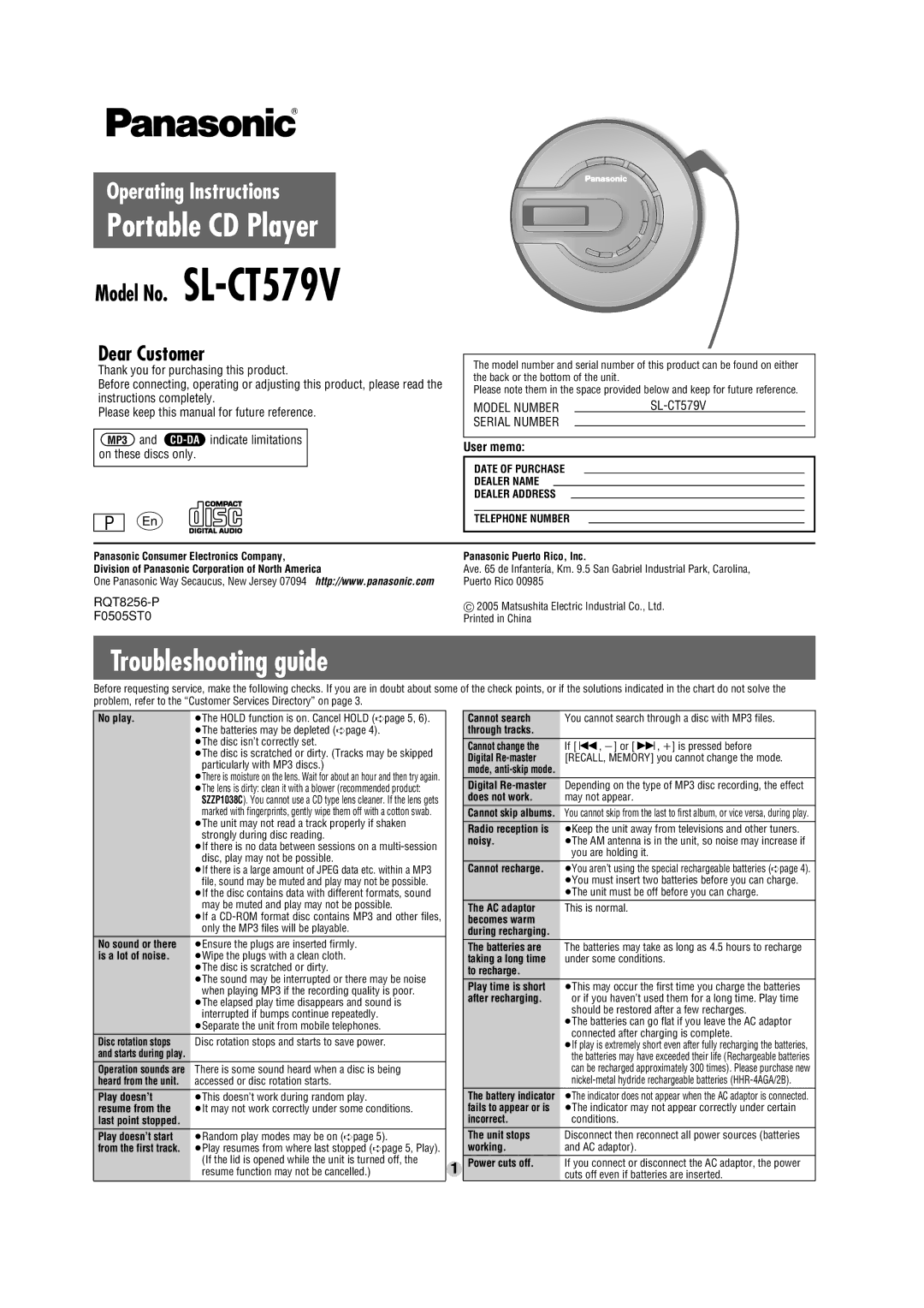 Panasonic SL-CT579V operating instructions Troubleshooting guide, User memo, RQT8256-P F0505ST0 