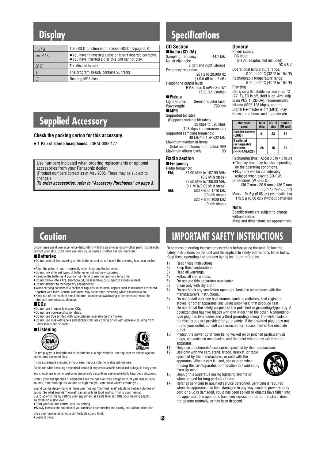 Panasonic SL-CT579V operating instructions Display, Supplied Accessory 