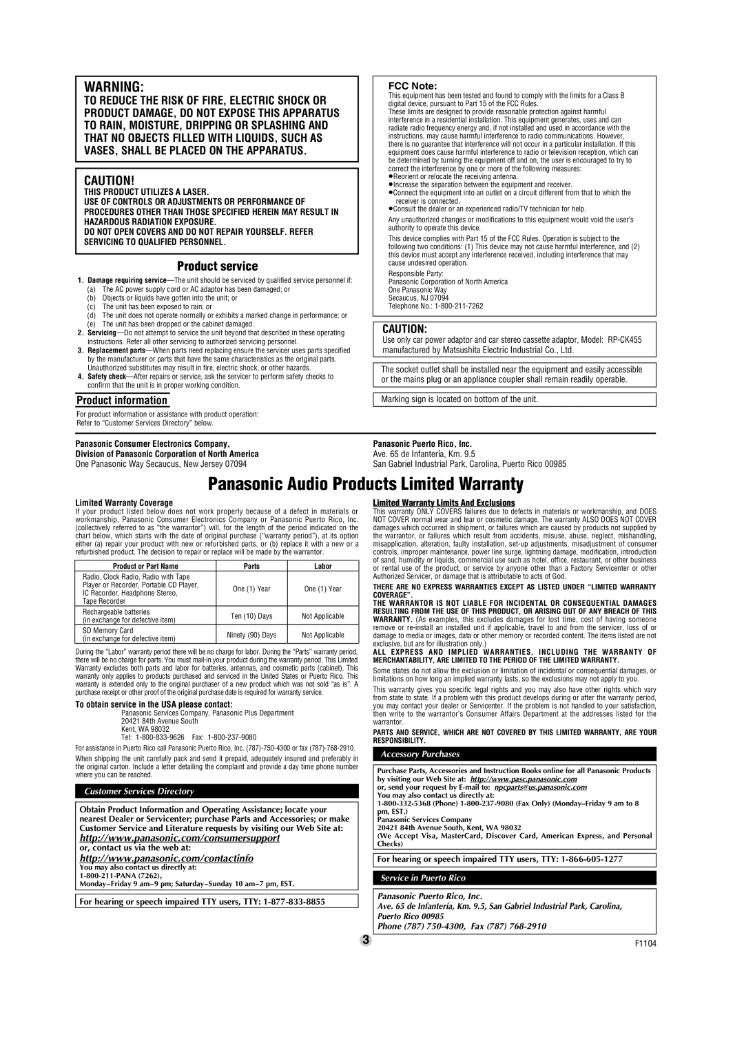 Panasonic SL-CT579V operating instructions Product service, Product information, FCC Note, Limited Warranty Coverage 