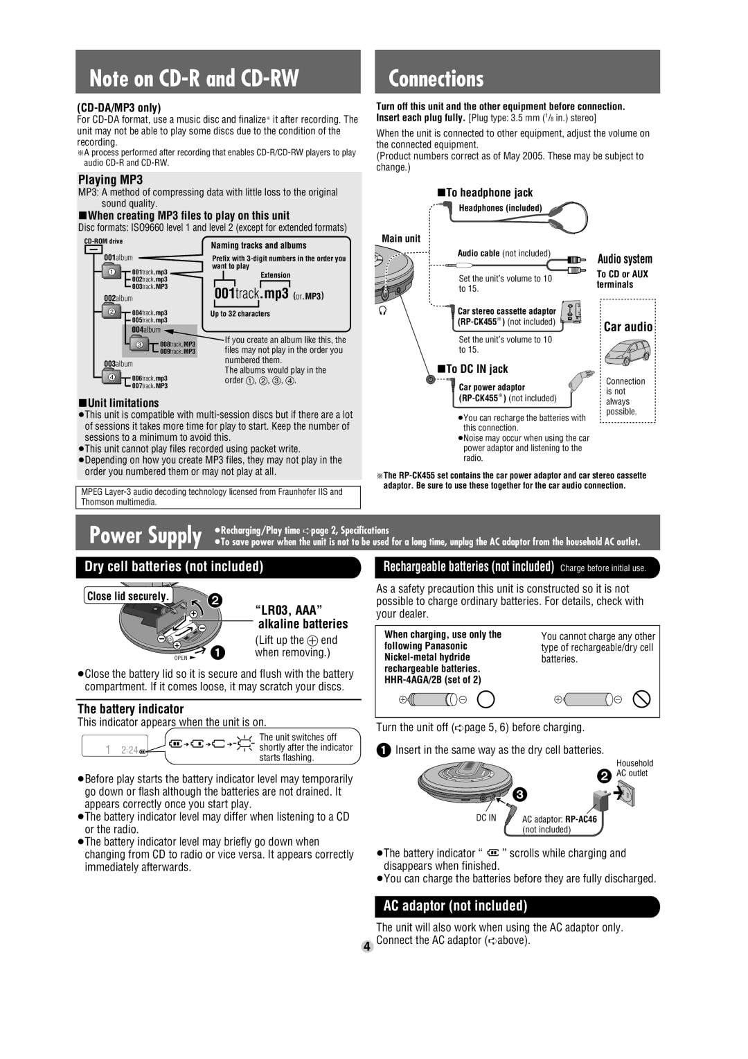 Panasonic SL-CT579V operating instructions Connections, Dry cell batteries not included, AC adaptor not included 