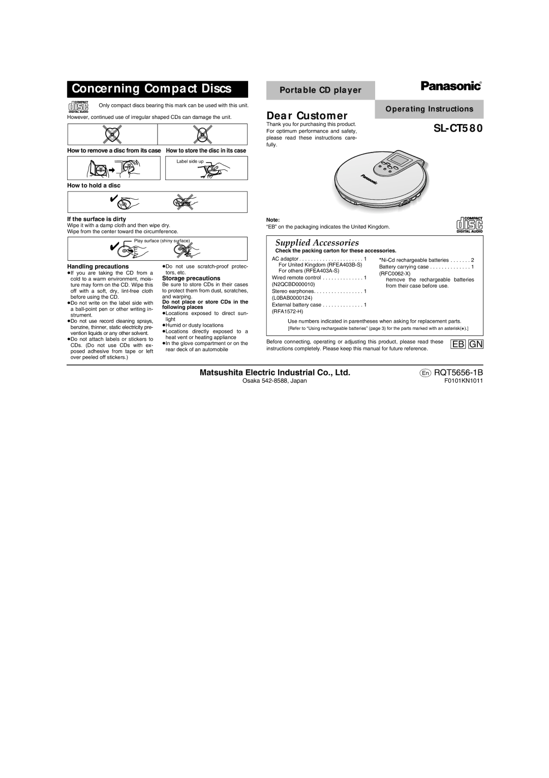 Panasonic SL-CT580 operating instructions How to hold a disc, If the surface is dirty, Handling precautions 