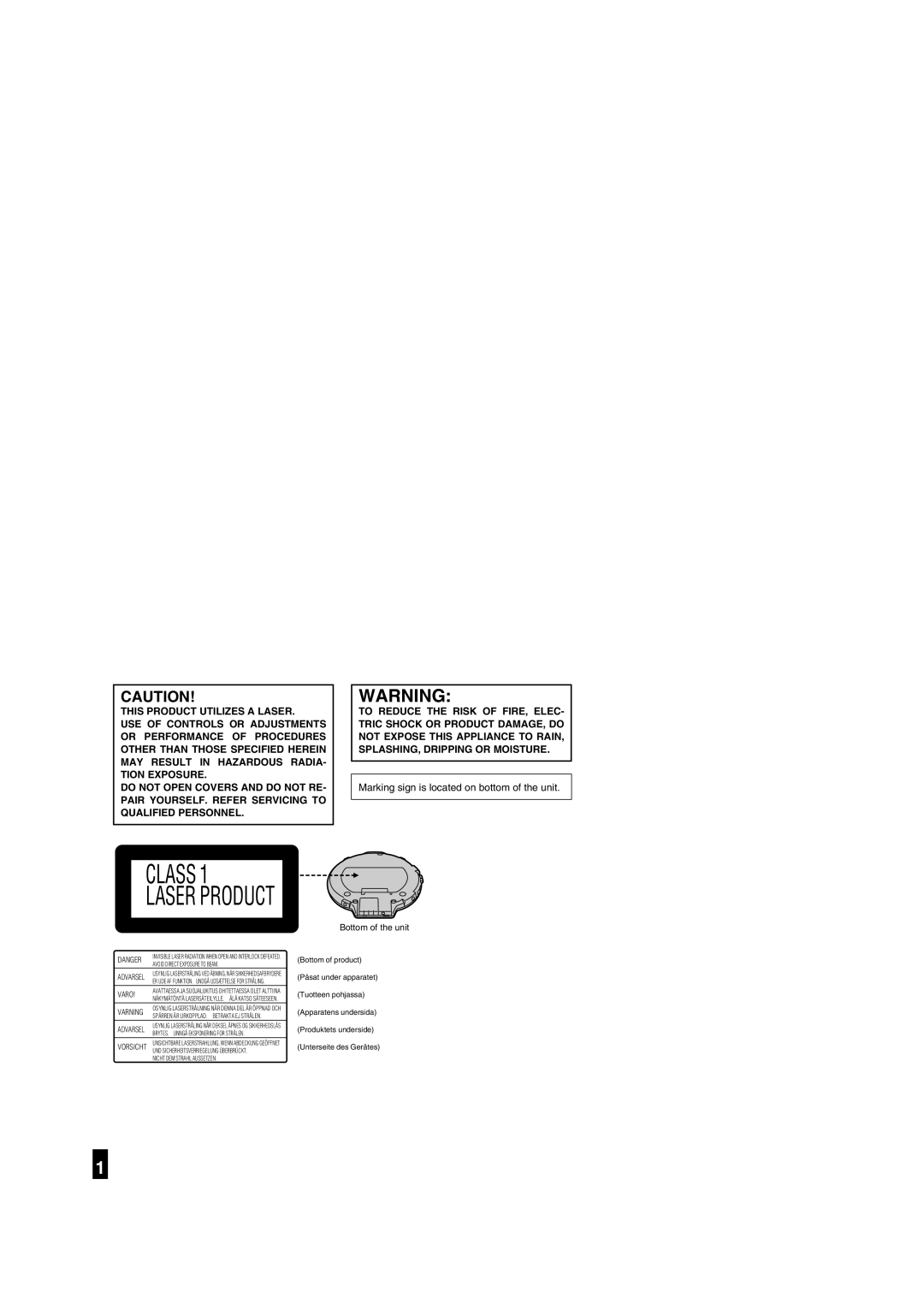 Panasonic SL-CT580 operating instructions Class Laser Product, Bottom of the unit 