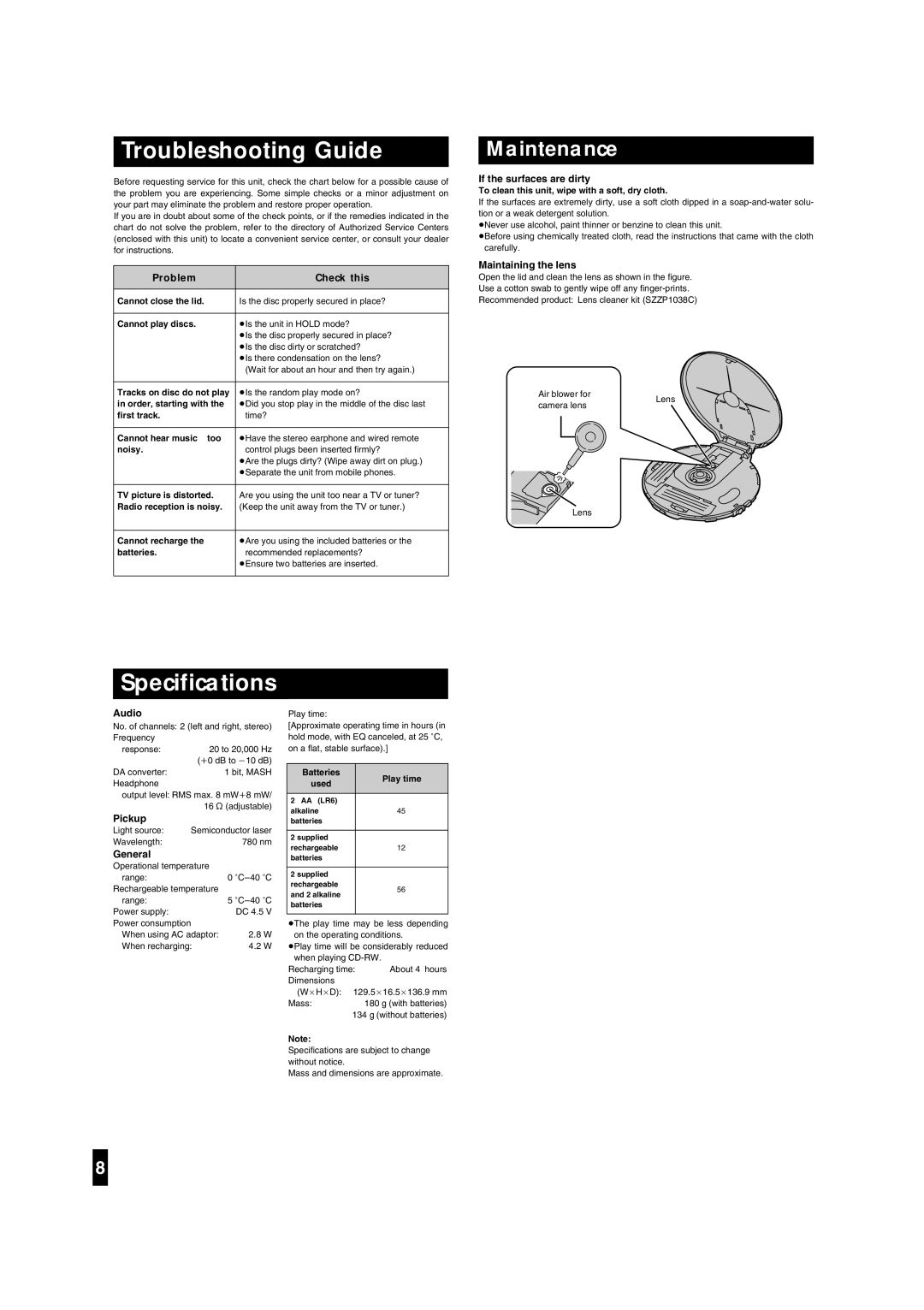 Panasonic SL-CT580 operating instructions Troubleshooting Guide, Specifications 