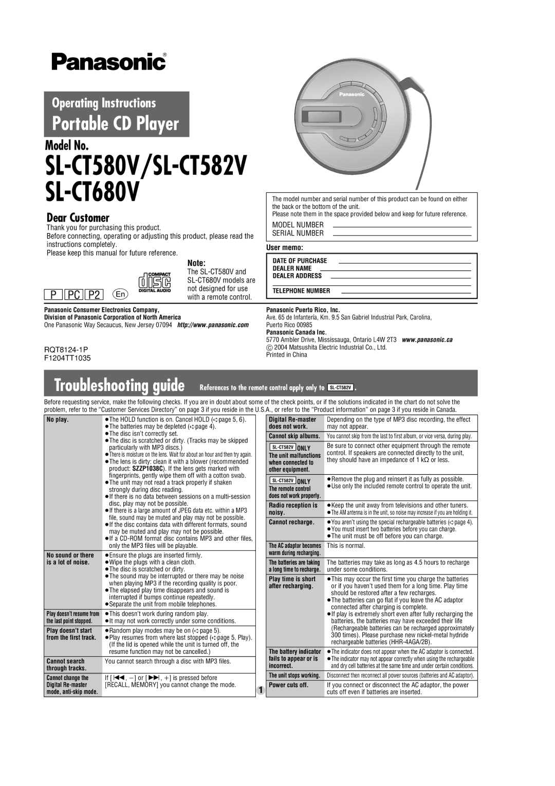 Panasonic SL-CT680V, SL-CT582V, SL-CT580V manual User memo 