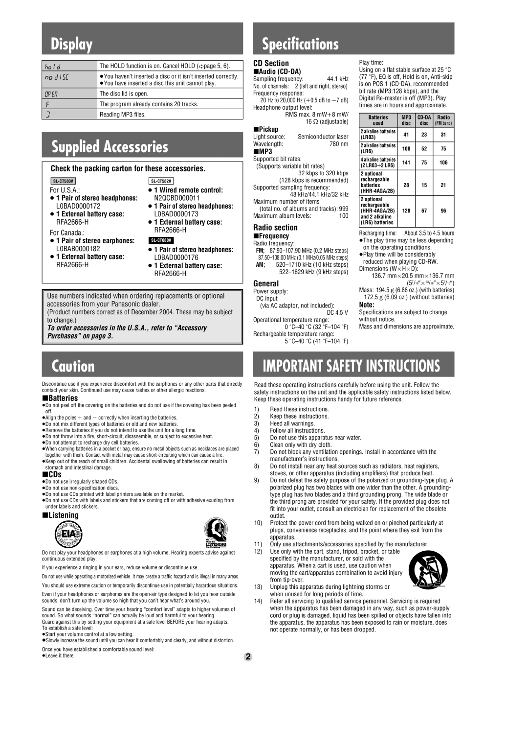 Panasonic SL-CT580V Check the packing carton for these accessories, Radio section, General, Batteries, CDs, Listening 