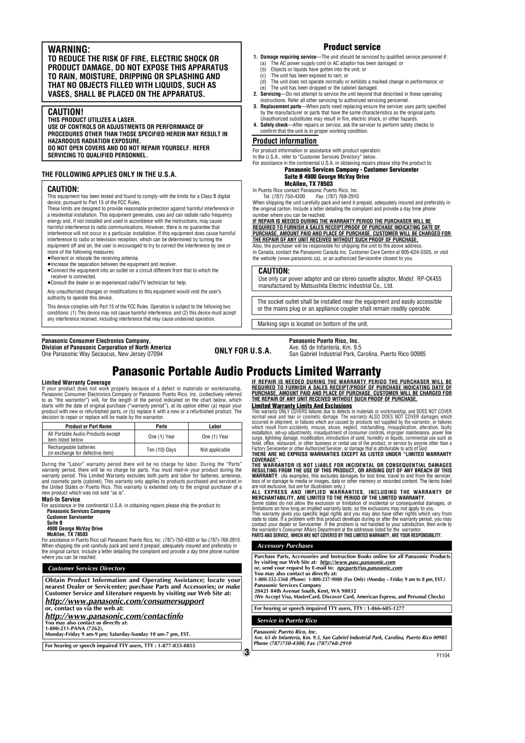 Panasonic SL-CT582V, SL-CT680V Product service, Product information, Only for U.S.A, Following Applies only in the U.S.A 