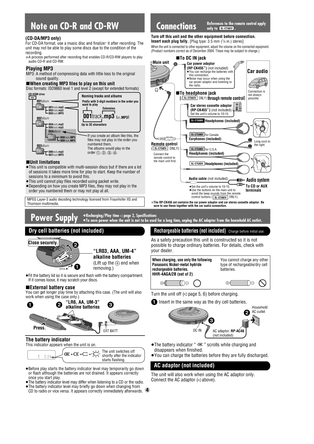 Panasonic SL-CT680V, SL-CT582V, SL-CT580V manual Dry cell batteries not included, AC adaptor not included 