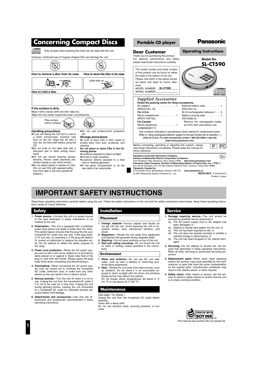 Panasonic SL-CT590 operating instructions Concerning Compact Discs, Operating Instructions, Model No, Placement 