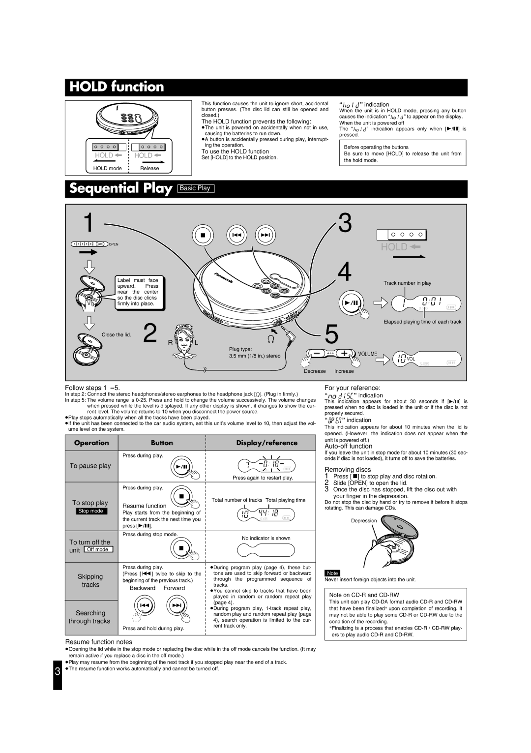 Panasonic SL-CT590 operating instructions Hold function, Sequential Play, Operation Button Display/reference 